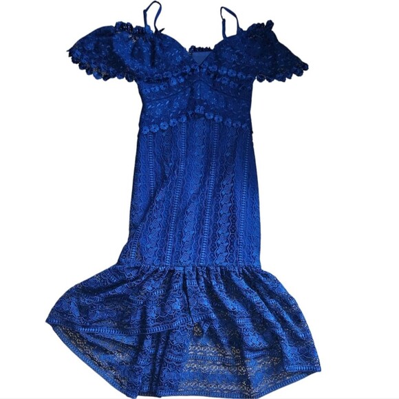 Three Floor Vibrant Royal Blue Off Shoulder Lace Dress 0 Elegant Boho - Picture 4 of 8